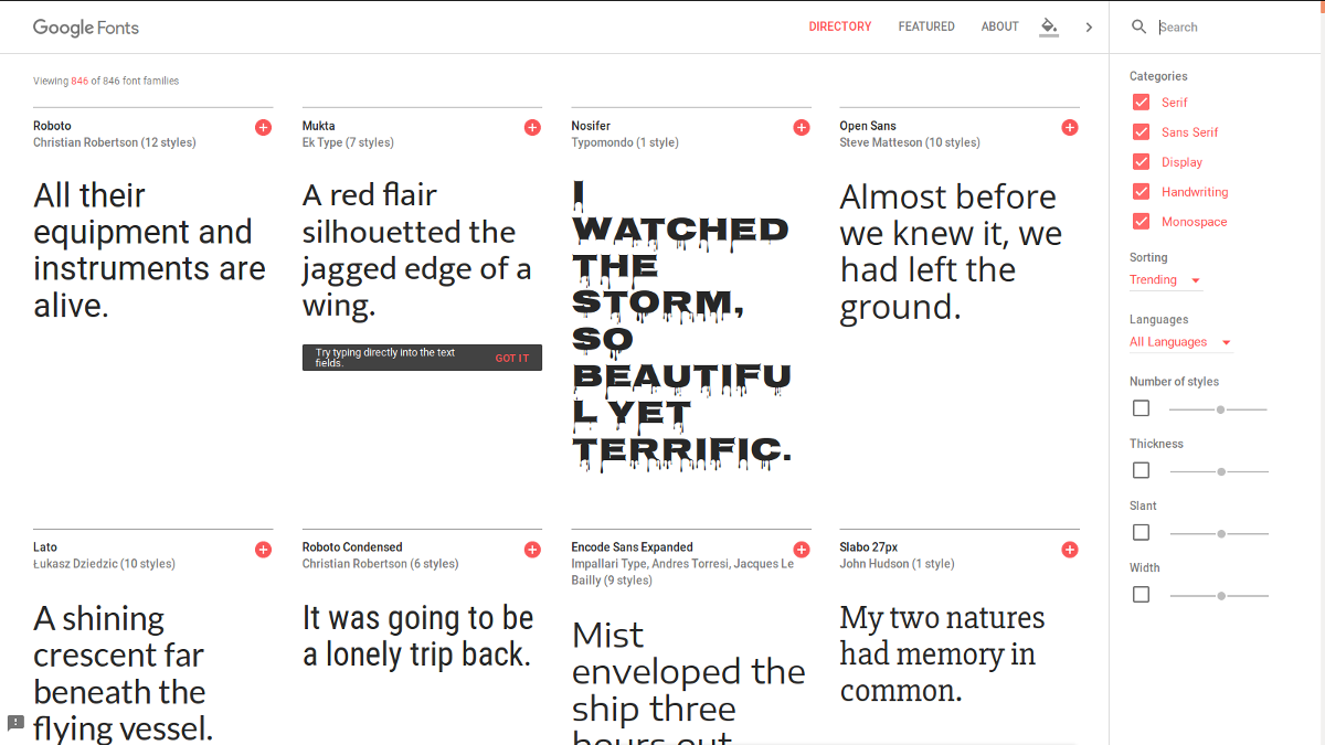 Die Google Fonts Startseite