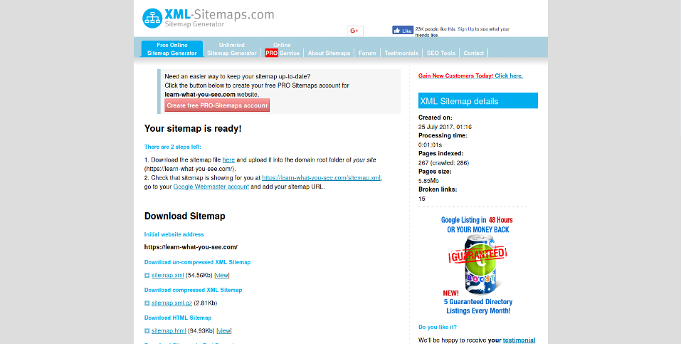 XML Sitemap Generator: Sitemap ready