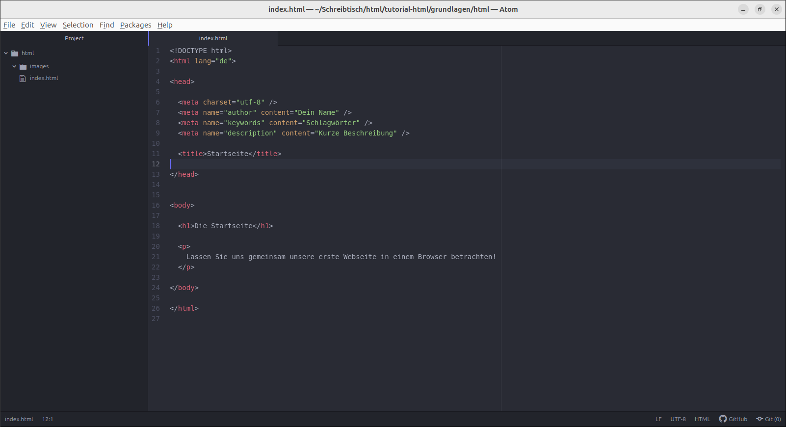 Atom Editor: Erster Quellcode